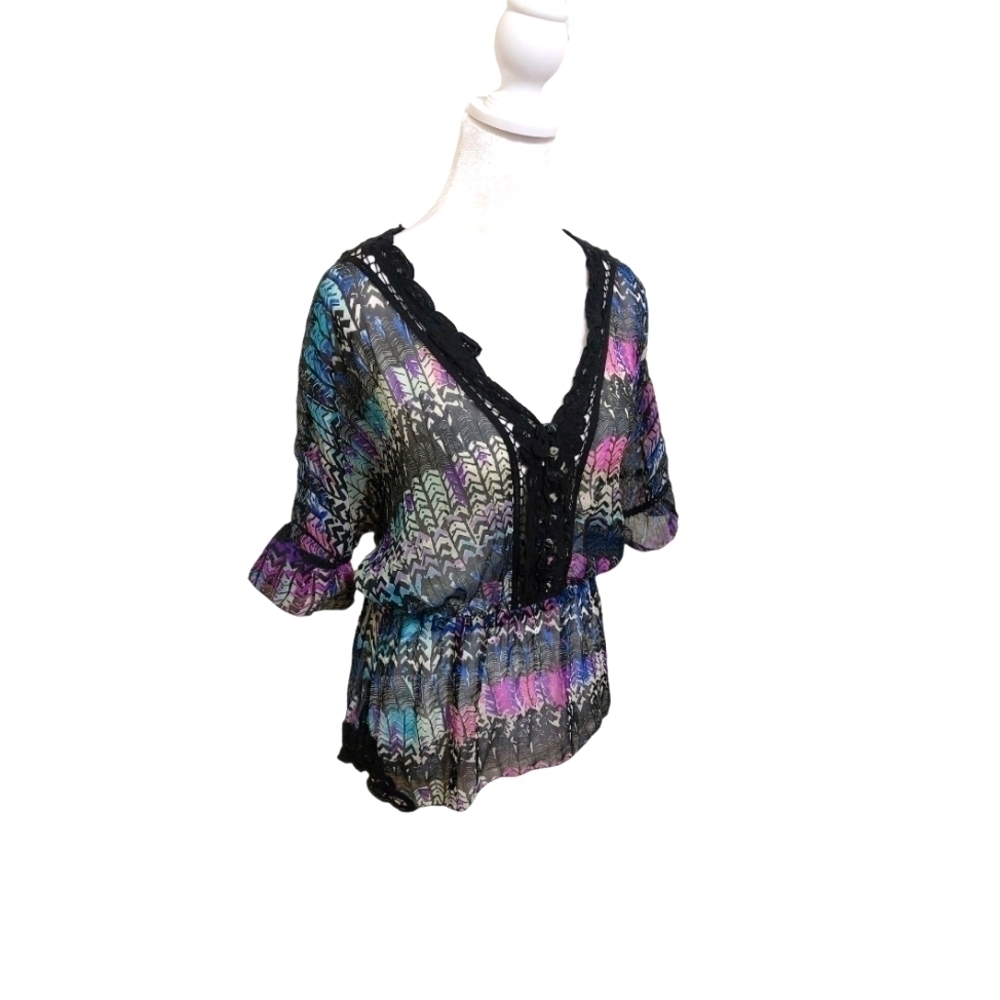 Free People sheer blue purple aztec crotchet lace vneck drop waist oversized XS
